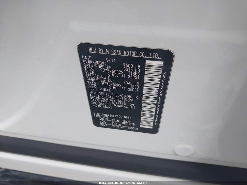 2012 Infiniti Qx56 VIN: JN8AZ2NE2C9016876 Lot: 45373846