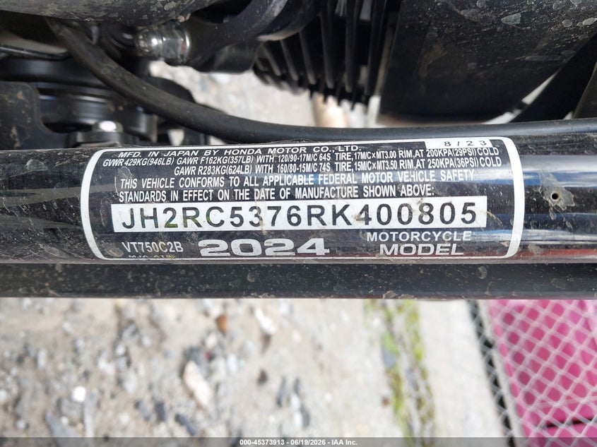 2024 Honda Vt750 C2B VIN: JH2RC5376RK400805 Lot: 45373913