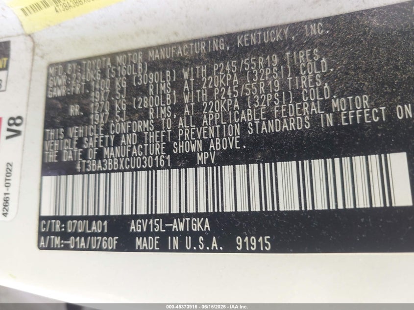 2012 TOYOTA VENZA SPORT UTILITY VEHICLE 2.7L I-4 DOHC, VVT, 182HP