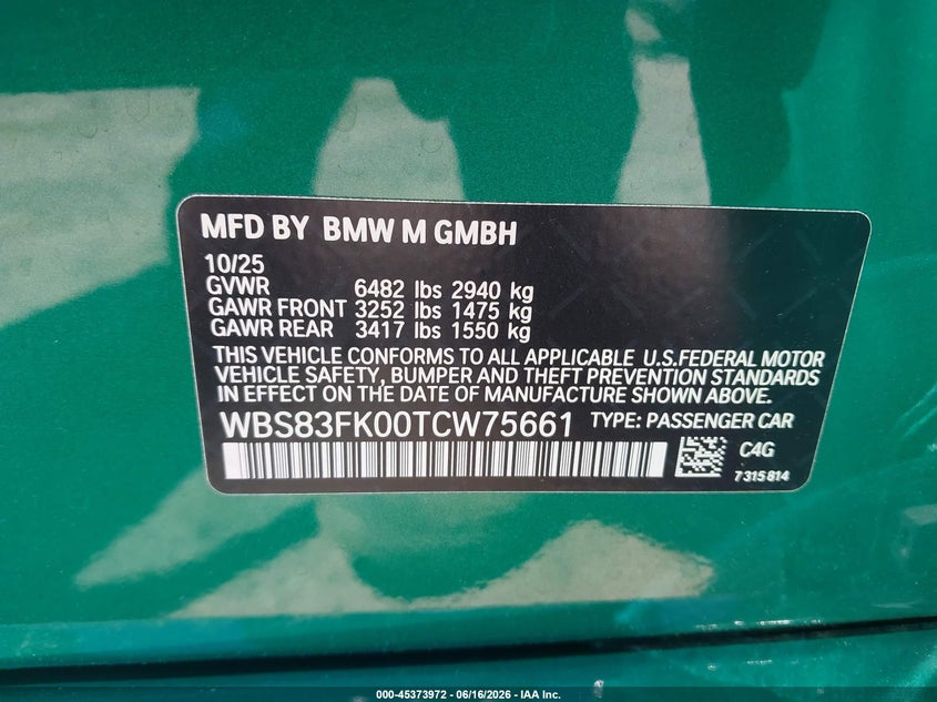 2026 BMW M5 VIN: WBS83FK00TCW75661 Lot: 45373972