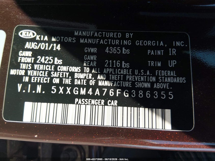 KIA OPTIMA 2015 VIN 5XXGM4A76FG386355