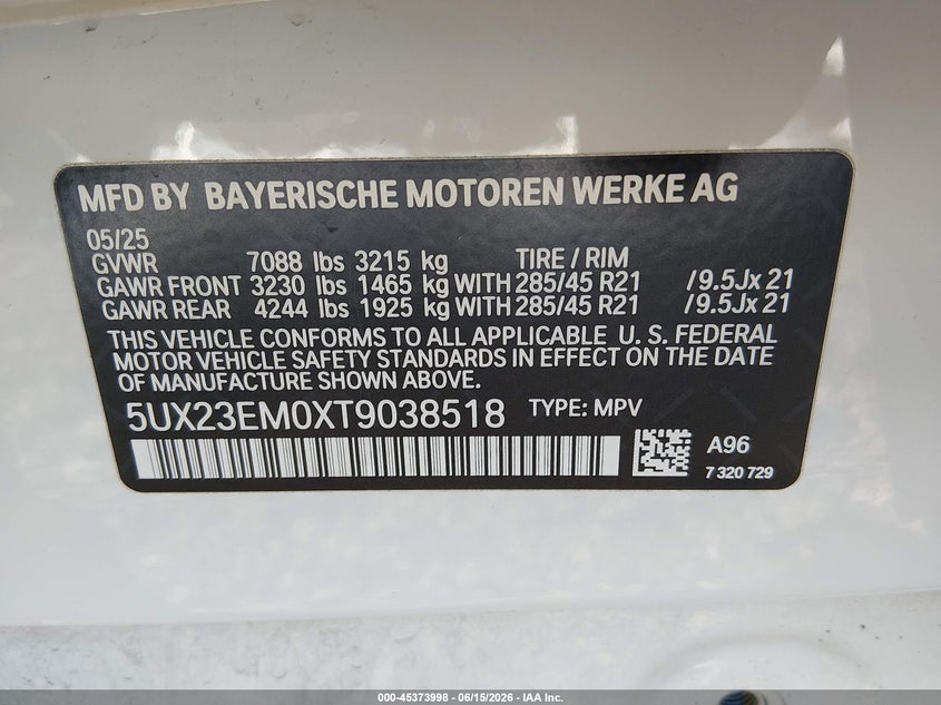 2026 BMW X7 xDrive40I VIN: 5UX23EM0XT9038518 Lot: 45373998