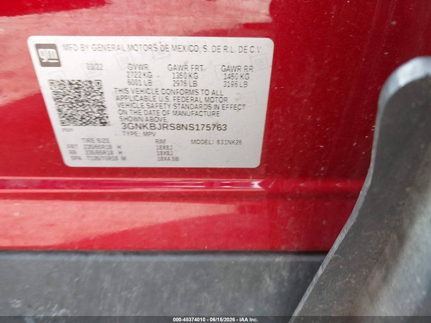 CHEVROLET BLAZER 2022 VIN 3GNKBJRS8NS175763