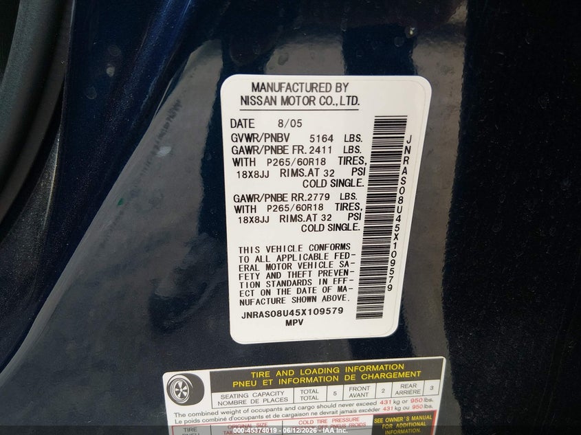 2005 Infiniti Fx35 VIN: JNRAS08U45X109579 Lot: 45374019