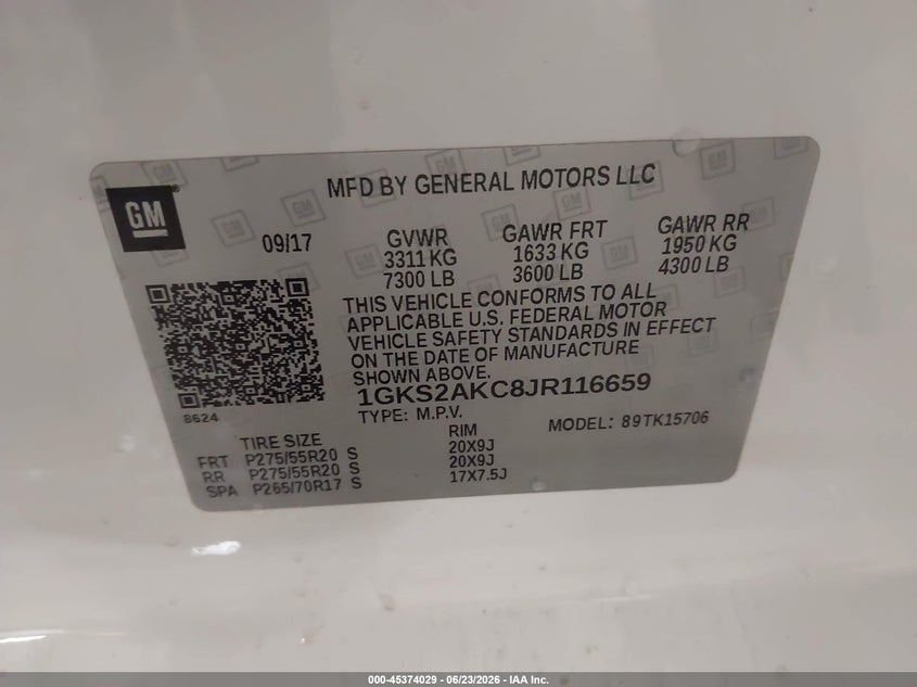 2018 GMC Yukon Sle VIN: 1GKS2AKC8JR116659 Lot: 45374029