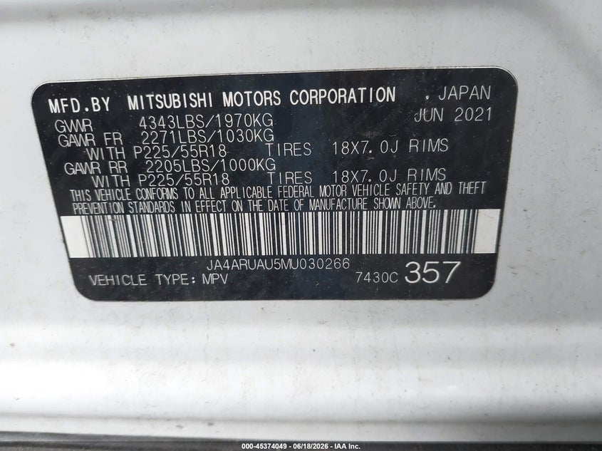 2021 Mitsubishi Outlander Sport 2.0 Be Awc/2.0 Es Awc/2.0 Le Awc/2.0 Se Awc VIN: JA4ARUAU5MU030266 Lot: 45374049