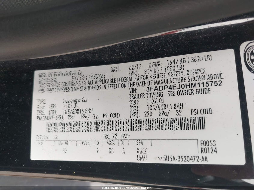 2017 Ford Fiesta Se VIN: 3FADP4EJ0HM115752 Lot: 45374099