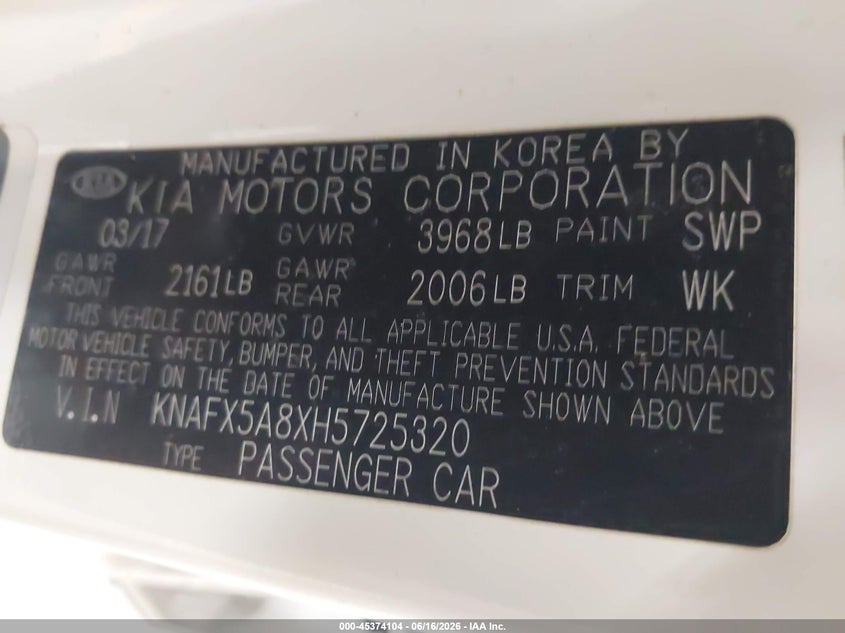 2017 KIA FORTE HATCHBACK 2.0L I-4 DOHC, VVT, 147HP