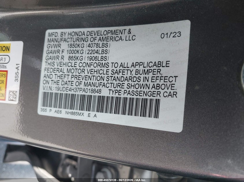 2023 Acura Integra A-Spec VIN: 19UDE4H37PA018848 Lot: 45374139