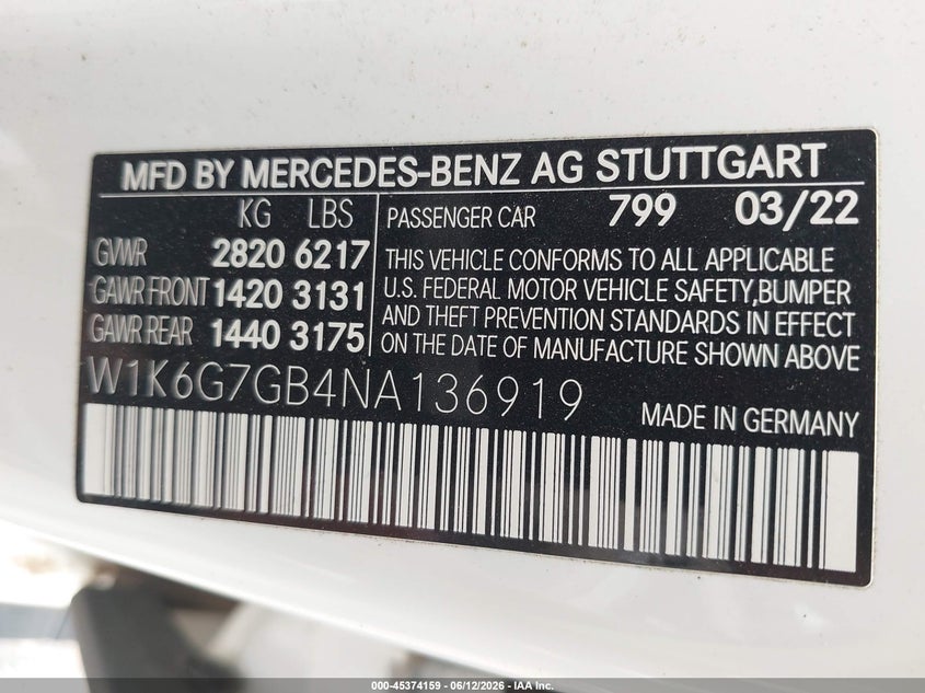 MERCEDES-BENZ S 580 2022 VIN W1K6G7GB4NA136919