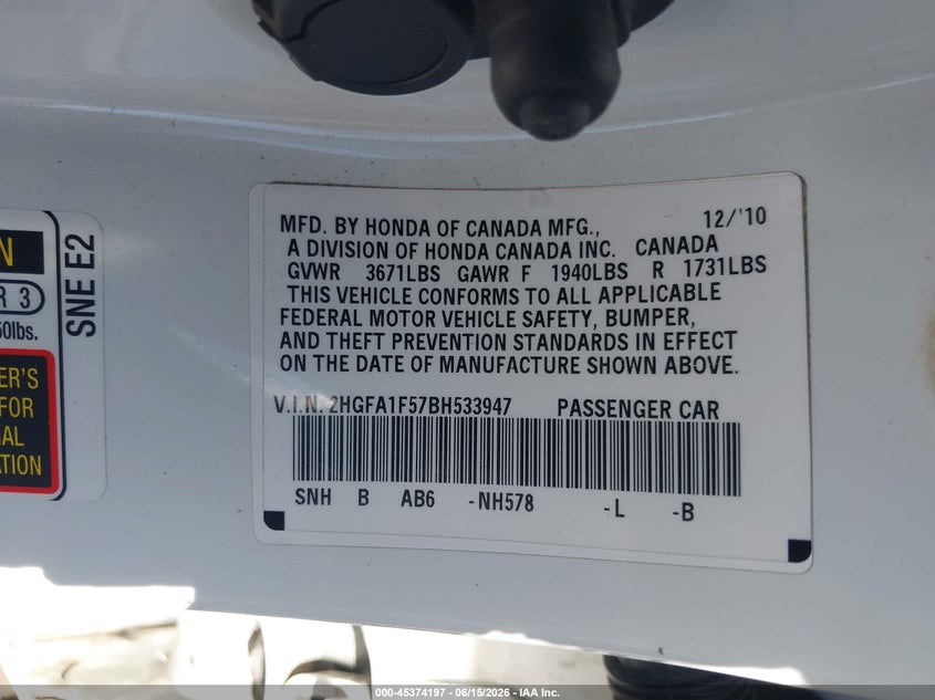 2011 HONDA CIVIC SEDAN 1.8L I-4 VVT, 140HP