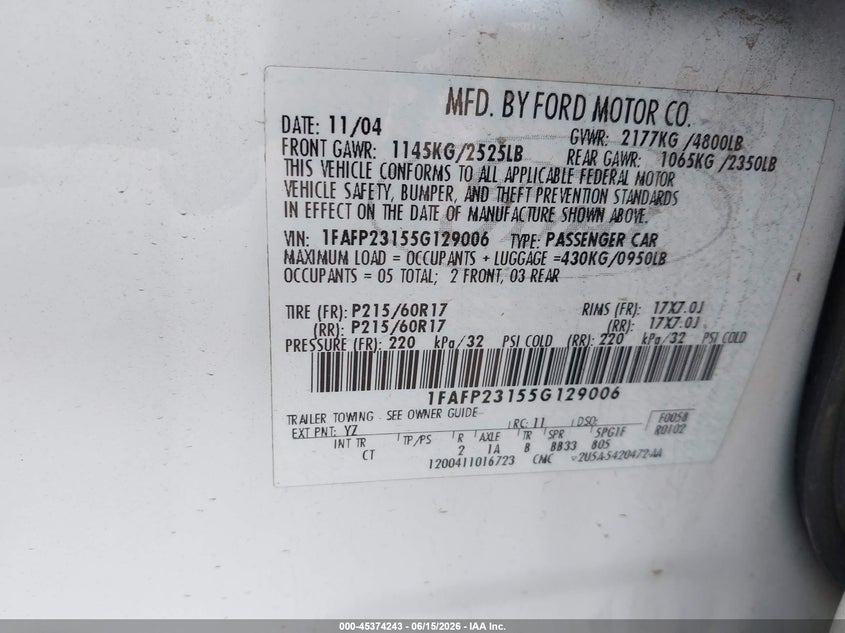 2005 Ford Five Hundred Se VIN: 1FAFP23155G129006 Lot: 45374243