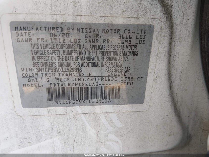 2020 Nissan Kicks S Xtronic Cvt VIN: 3N1CP5BVXLL529318 Lot: 45374287