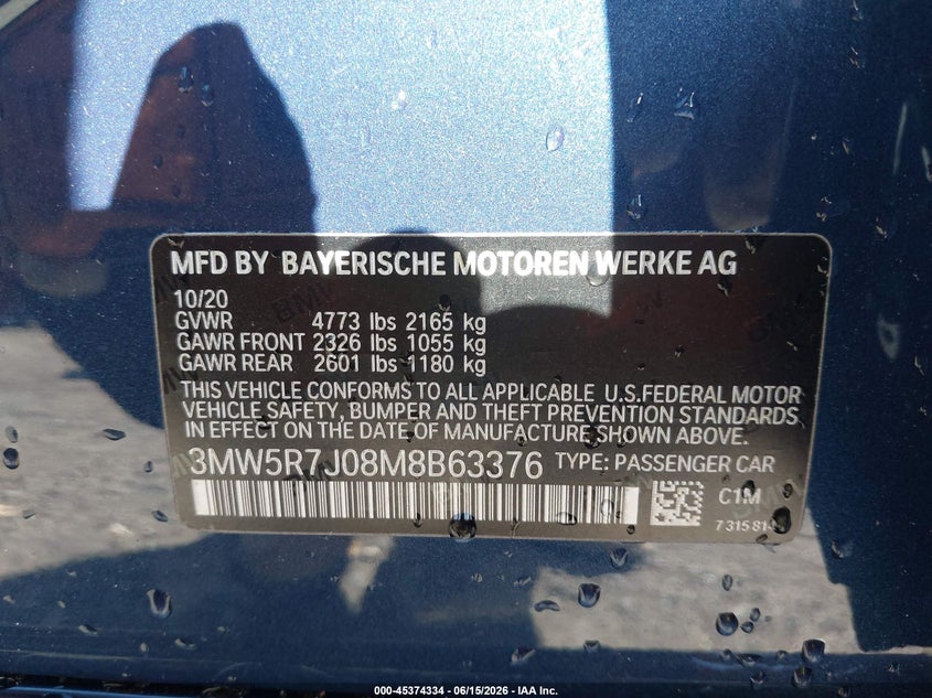 2021 BMW 3ER SEDAN 2.0L I-4 DI, DOHC, VVT, TURBO, 255HP