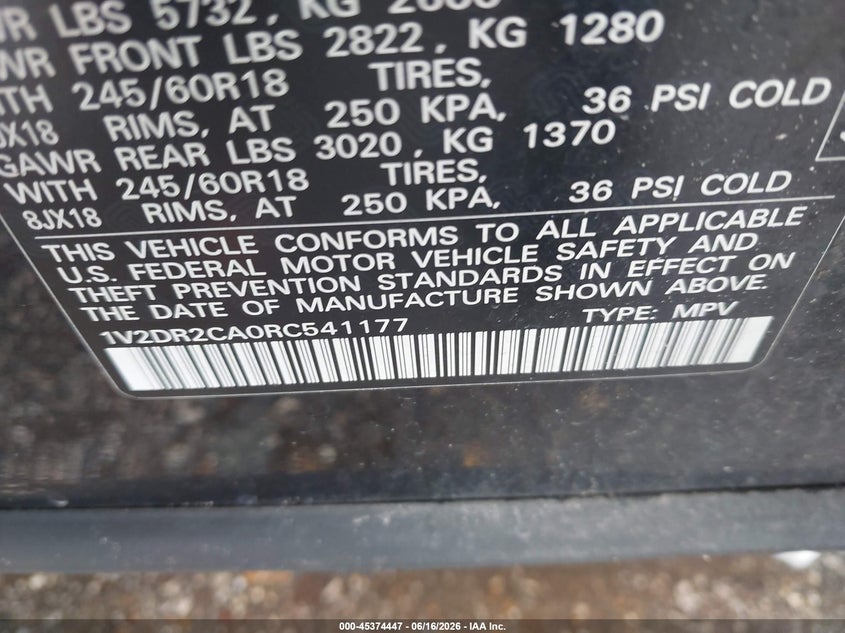 2024 Volkswagen Atlas 2.0T Se VIN: 1V2DR2CA0RC541177 Lot: 45374447