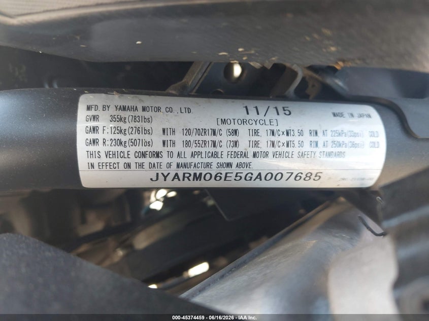 2016 Yamaha Fz07 VIN: JYARM06E5GA007685 Lot: 45374459