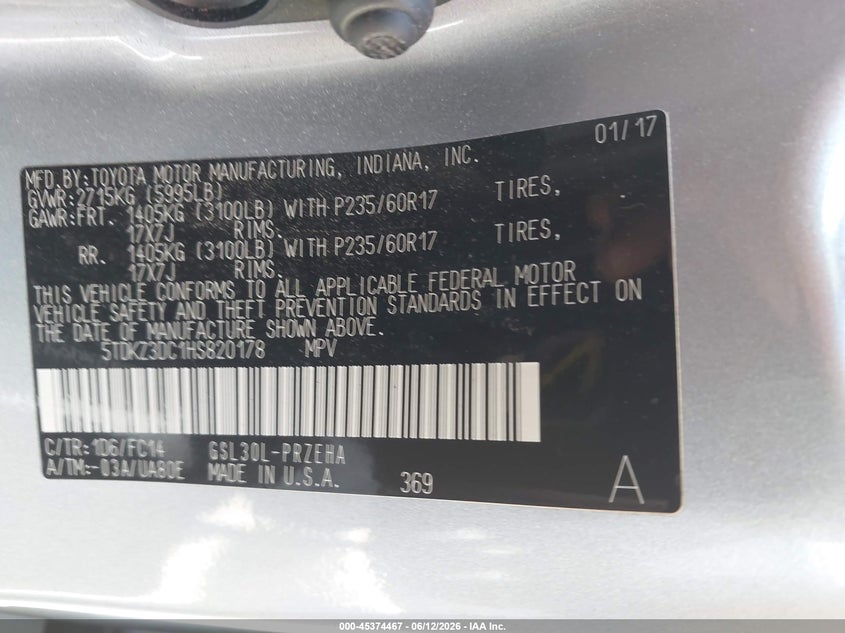 VIN 5TDKZ3DC1HS820178 2017 TOYOTA SIENNA LE 8 PASSENGER