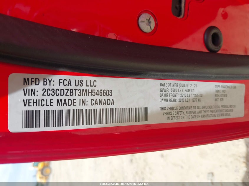 2021 Dodge Challenger R/T VIN: 2C3CDZBT3MH546603 Lot: 45374546