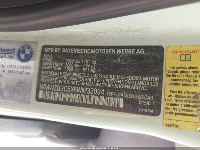 2015 Mini Countryman Cooper VIN: WMWZB3C5XFWM33094 Lot: 45374587