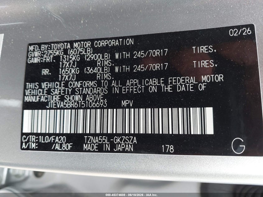 2026 Toyota 4Runner Sr5 VIN: JTEVA5BR6T5106693 Lot: 45374608