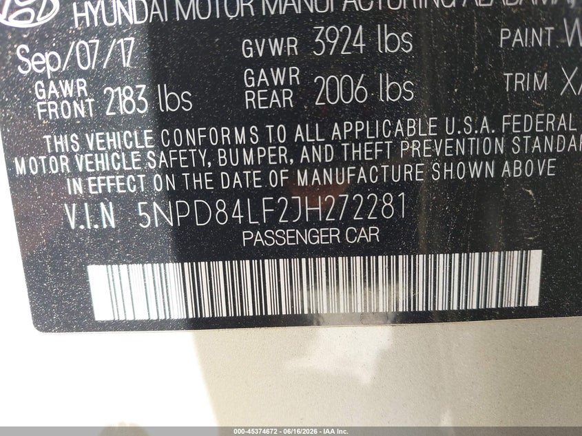 VIN 5NPD84LF2JH272281 2018 HYUNDAI ELANTRA VALUE EDITION