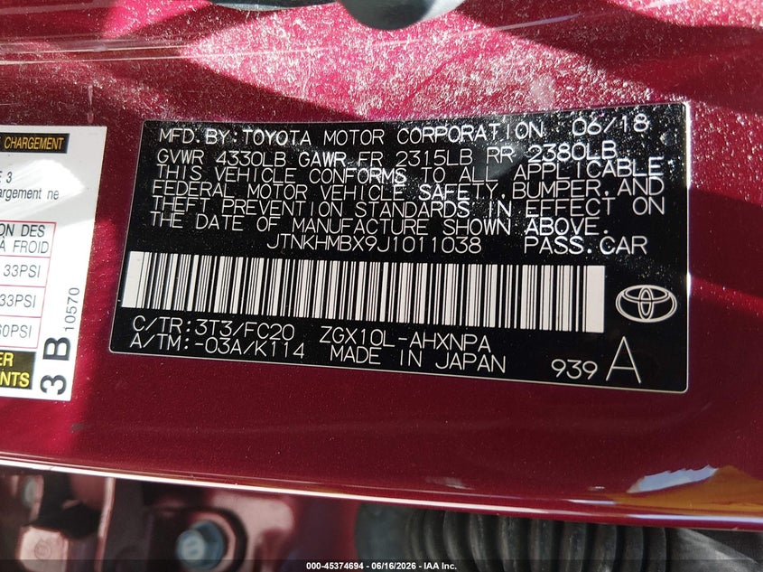 2018 Toyota C-Hr Xle VIN: JTNKHMBX9J1011038 Lot: 45374694