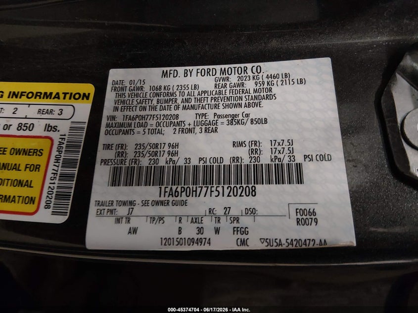 2015 FORD FUSION SEDAN 2.5L I-4 DOHC, VVT, 175HP