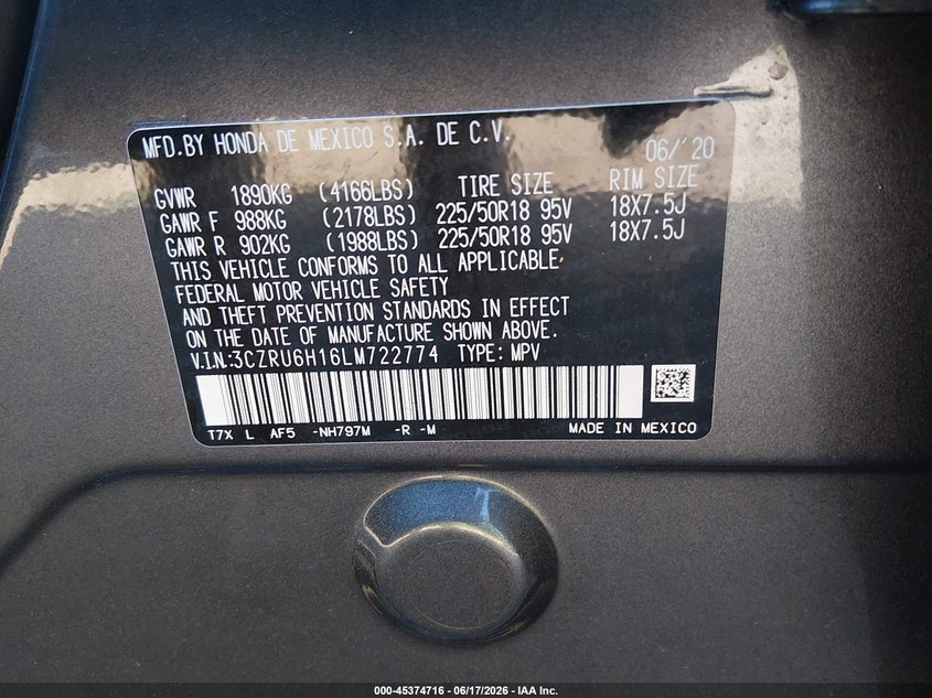 2020 Honda Hr-V Awd Sport VIN: 3CZRU6H16LM722774 Lot: 45374716