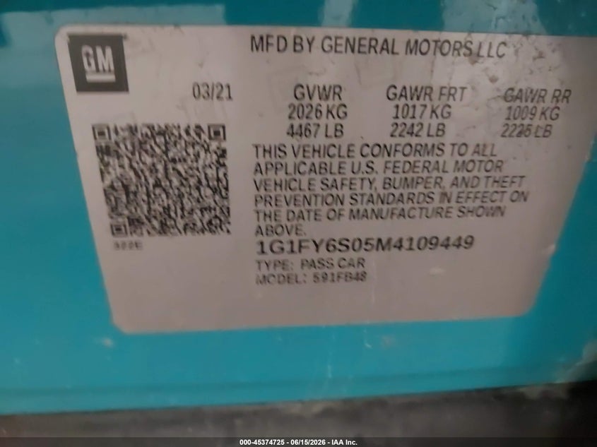 2021 Chevrolet Bolt Ev Fwd Lt VIN: 1G1FY6S05M4109449 Lot: 45374725