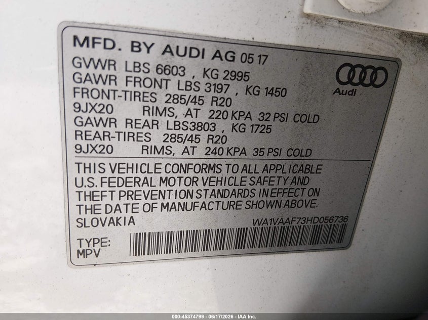 2017 AUDI Q7 SPORT UTILITY VEHICLE 3.0L V-6 DI, DOHC, VVT, SUPERCHARGER, 333HP
