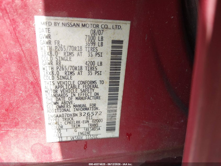 2008 Nissan Titan Xe VIN: 1N6AA07DX8N326572 Lot: 45374825