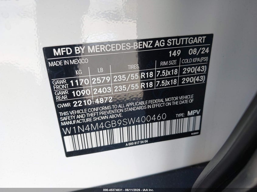 2025 Mercedes-Benz Glb 250 VIN: W1N4M4GB9SW400460 Lot: 45374831