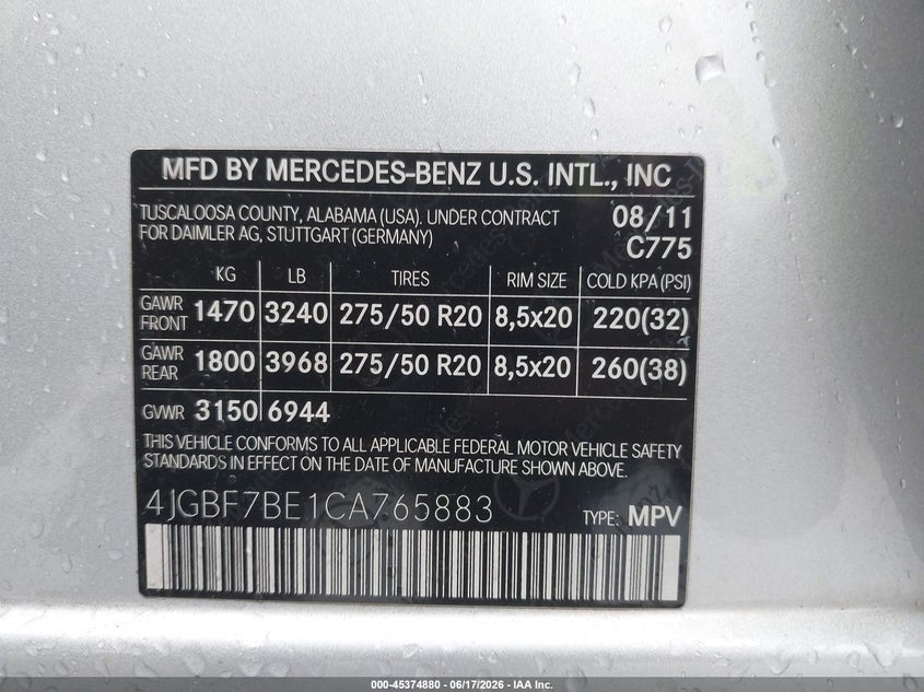 2012 Mercedes-Benz Gl 450 4Matic VIN: 4JGBF7BE1CA765883 Lot: 45374880