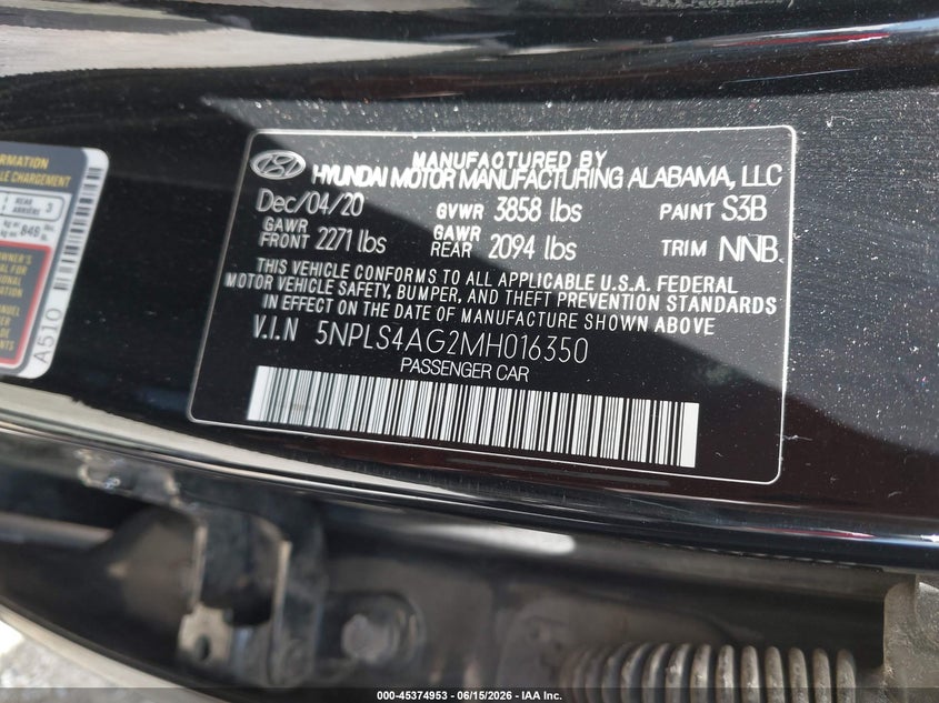 2021 HYUNDAI ELANTRA 2.0L I-4 DOHC, VVT, (VIN: 5NPLS4AG2MH016350