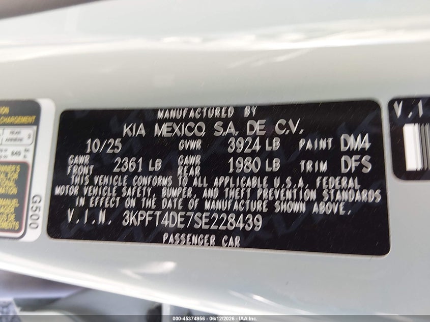 2025 Kia K4 Lxs VIN: 3KPFT4DE7SE228439 Lot: 45374956