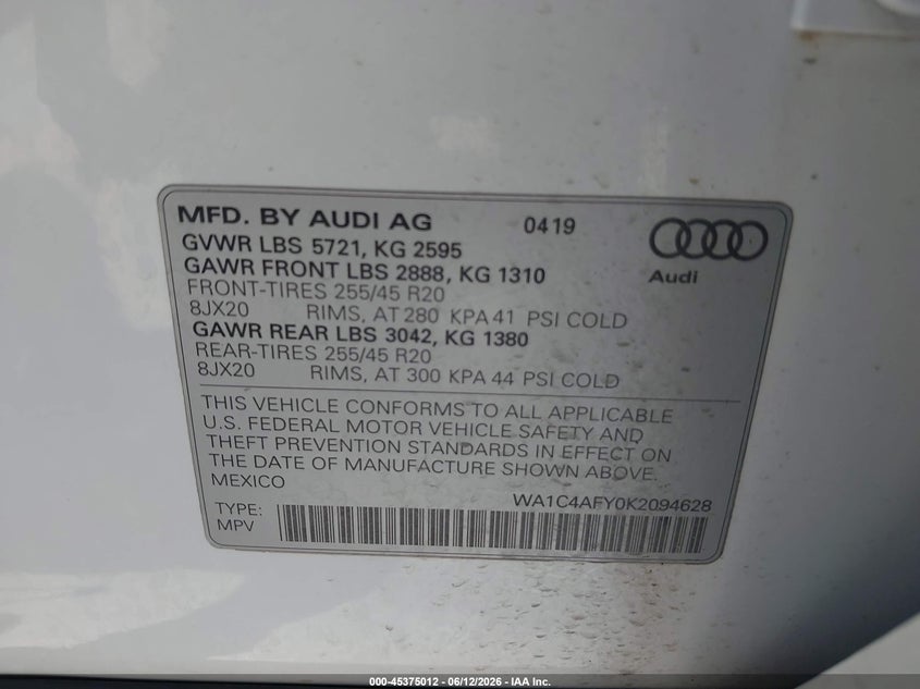 2019 Audi Sq5 3.0T Premium VIN: WA1C4AFY0K2094628 Lot: 45375012