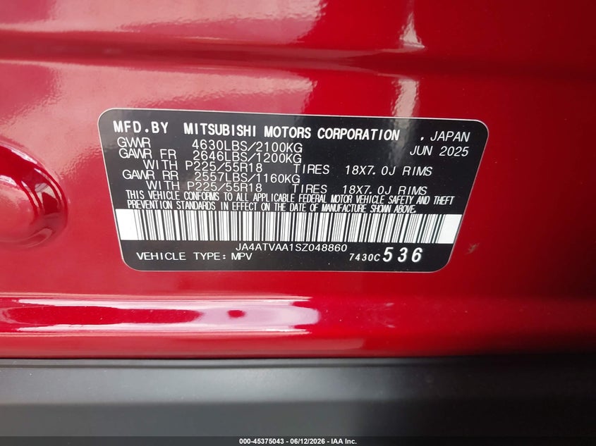2025 Mitsubishi Eclipse Cross Le S-Awc/Ralliart S-Awc VIN: JA4ATVAA1SZ048860 Lot: 45375043