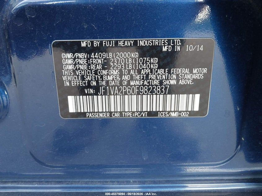 2015 Subaru Wrx Sti VIN: JF1VA2P60F9823837 Lot: 45375094