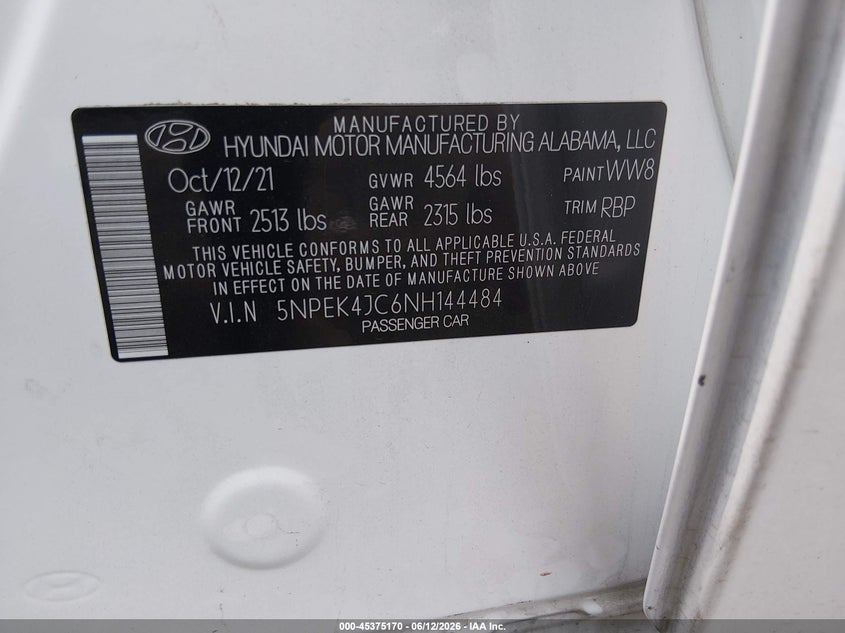 2022 Hyundai Sonata N Line Night Edition VIN: 5NPEK4JC6NH144484 Lot: 45375170