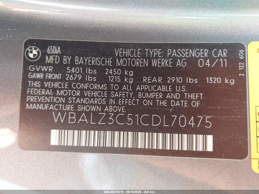2012 BMW 650I VIN: WBALZ3C51CDL70475 Lot: 45375219