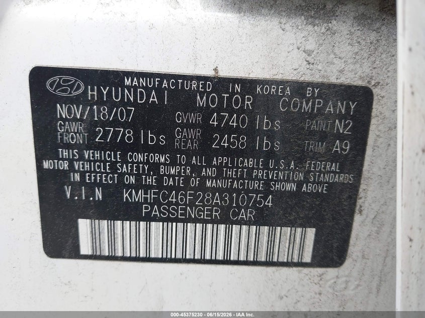 2008 Hyundai Azera Limited VIN: KMHFC46F28A310754 Lot: 45375230