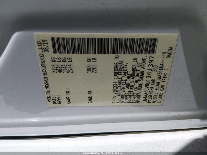 2020 Nissan Maxima Sv Xtronic Cvt VIN: 1N4AA6CV8LC361397 Lot: 45375239