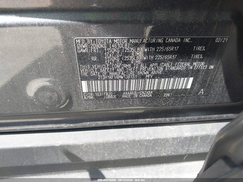 2021 Toyota Rav4 Le VIN: 2T3H1RFV6MW138151 Lot: 45375269