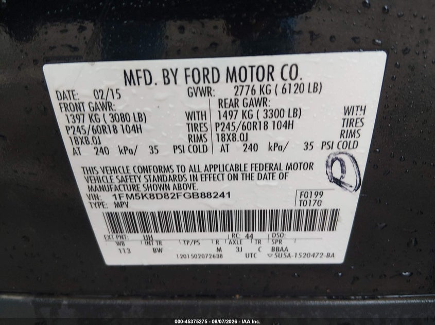 FORD EXPLORER 2015 VIN 1FM5K8D82FGB88241