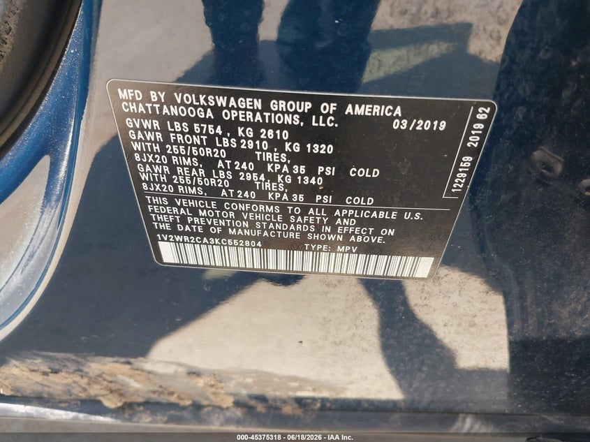 2019 Volkswagen Atlas 3.6L V6 Se W/Technology VIN: 1V2WR2CA3KC552804 Lot: 45375318