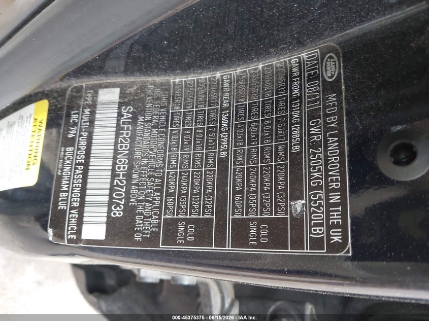 2011 Land Rover Lr2 VIN: SALFR2BN6BH270738 Lot: 45375375
