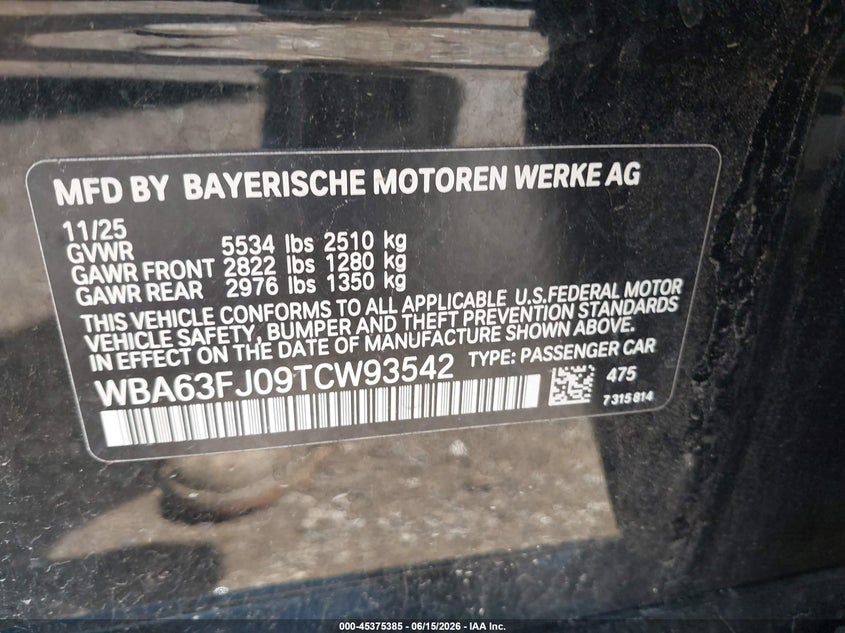 BMW 540I 2026 VIN WBA63FJ09TCW93542
