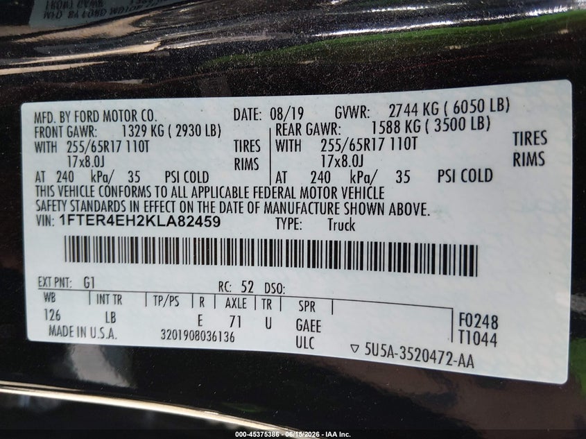 2019 Ford Ranger Xlt VIN: 1FTER4EH2KLA82459 Lot: 45375386