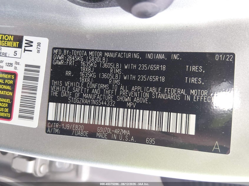 2022 Toyota Highlander Xle VIN: 5TDGZRAH1NS544332 Lot: 45375396
