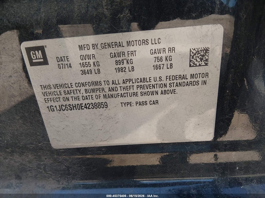 2014 Chevrolet Sonic Lt Auto VIN: 1G1JC6SH0E4238859 Lot: 45375406